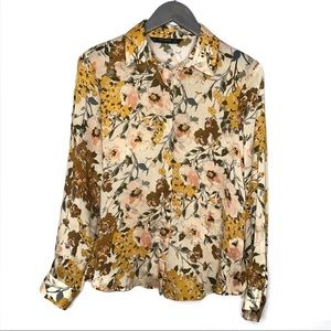 Zara Basic Floral Long Sleeve Button Down Top